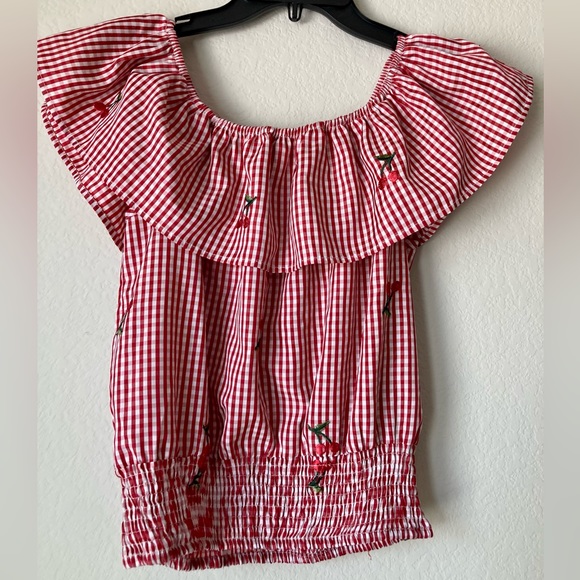 NWOT KONTROL Red cherry checkered ruffled plaid blouse | Bomb shoulder - Picture 3 of 4